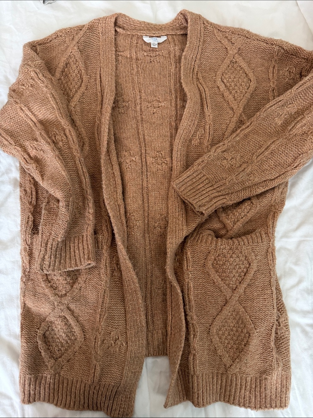 Time and Tru Open-Front Cable Knit Cardigan in Tan Brown
